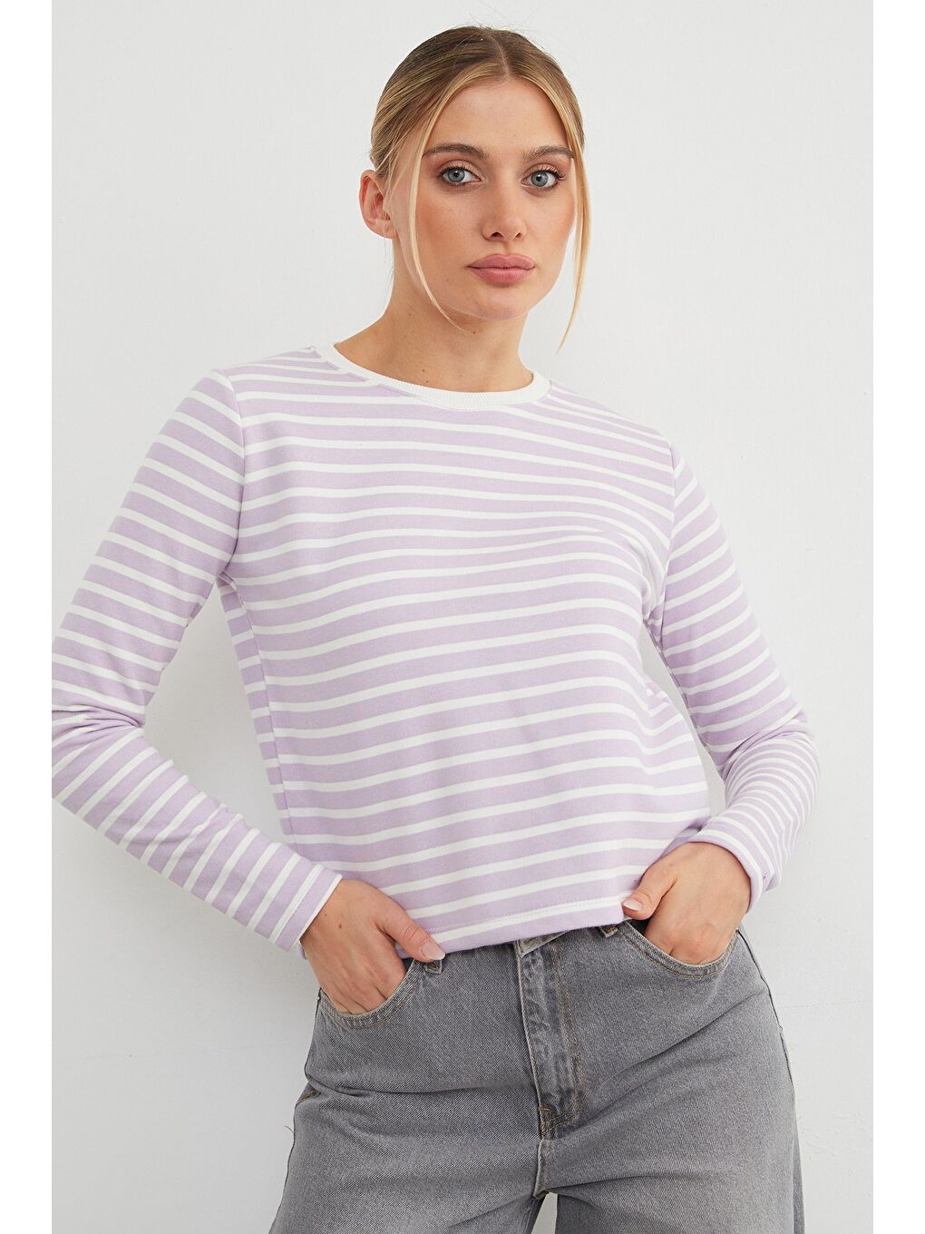 Lila 3 İplik Şardonsuz Çizgili Bisiklet Yaka Sweatshirt