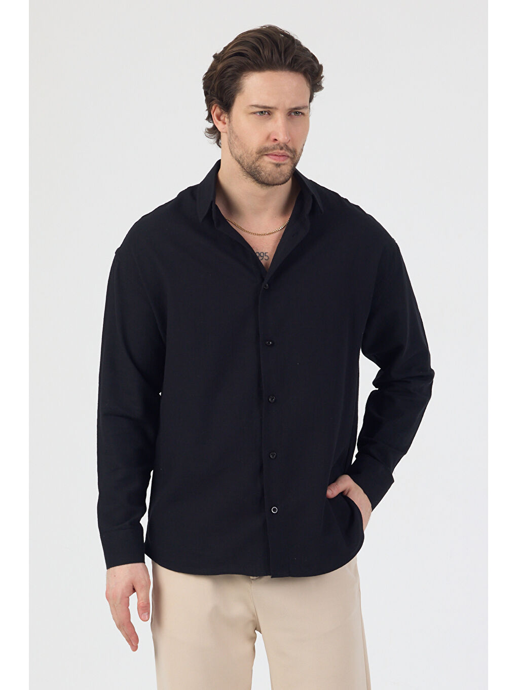 Erkek Pamuklu Keten Görünümlü Gömlek Siyah-2
