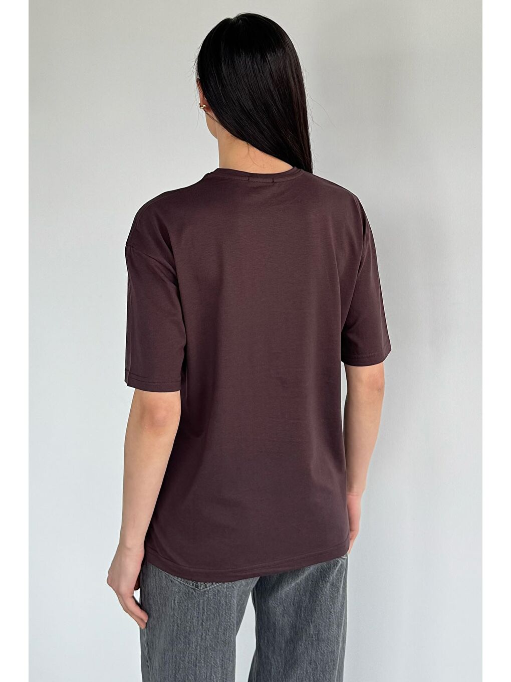 Kahverengi Oversize Basıc Tişört-3