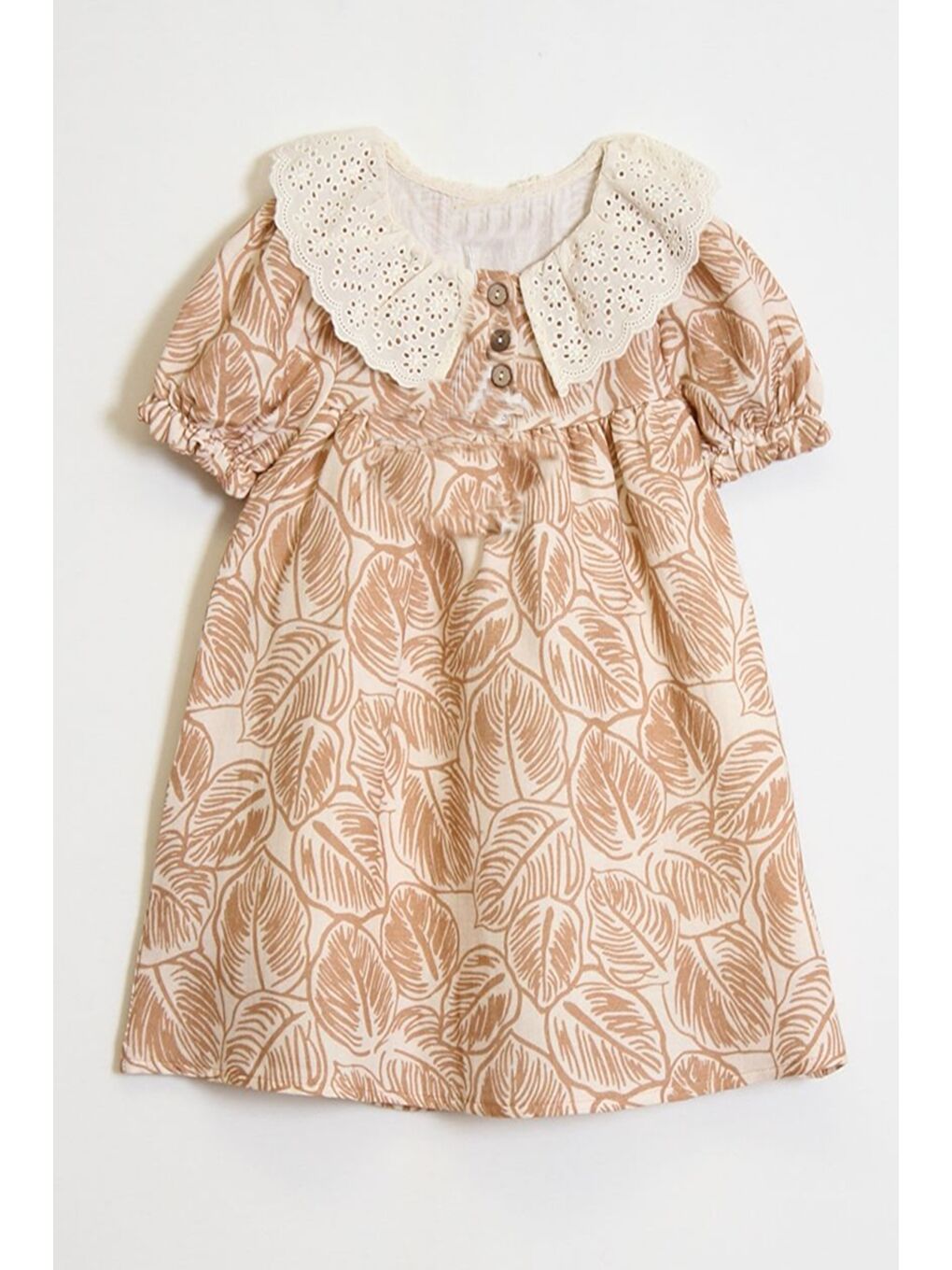 Kahverengi Kız Çocuk Müslin Kumaş Dantel Yakalı Elbise 2-7 Yaş 12245-1