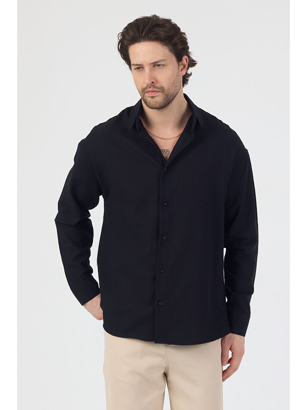 Erkek Pamuklu Keten Görünümlü Gömlek Siyah-3