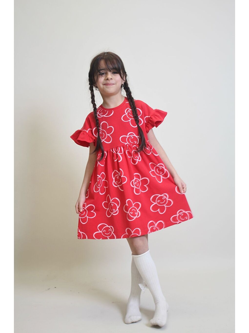 Kırmızı Kız Çocuk %100 Pamuk Kol Fırfırlı Elbise 4-10 Yaş 12241-1