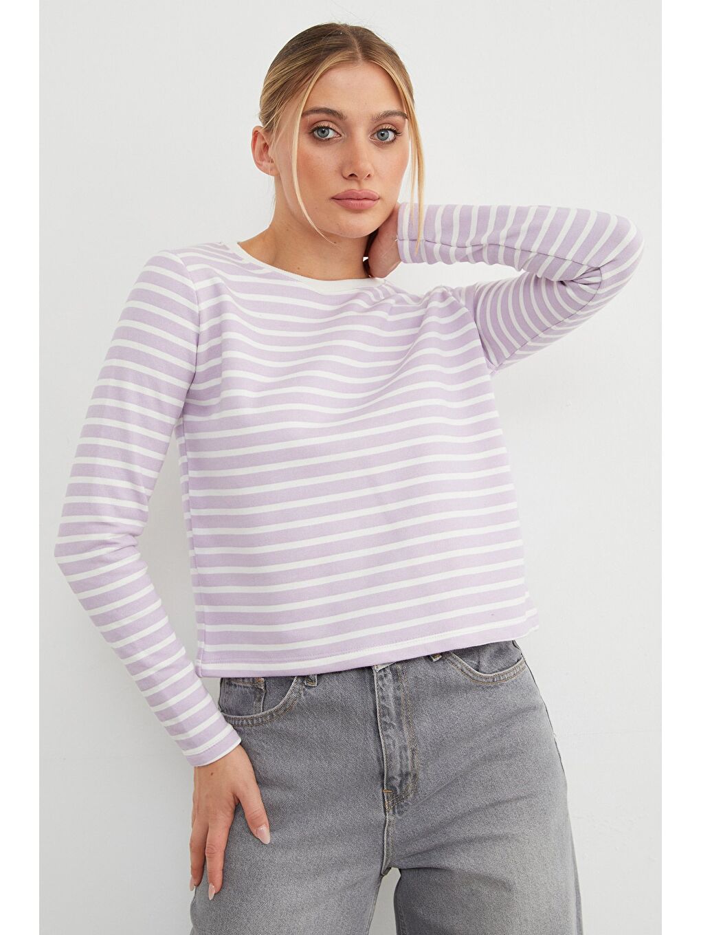 Lila 3 İplik Şardonsuz Çizgili Bisiklet Yaka Sweatshirt-1