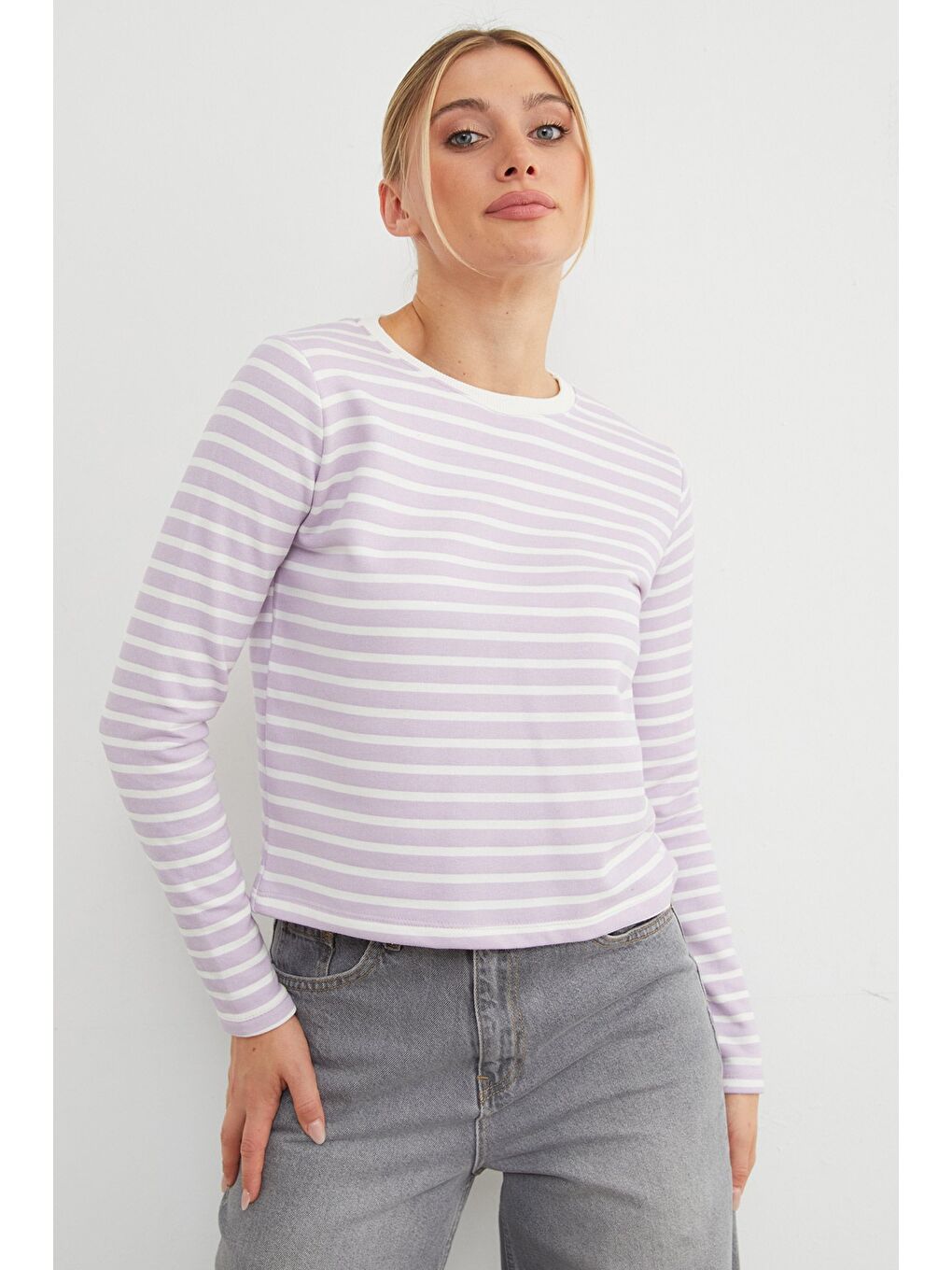 Lila 3 İplik Şardonsuz Çizgili Bisiklet Yaka Sweatshirt-2