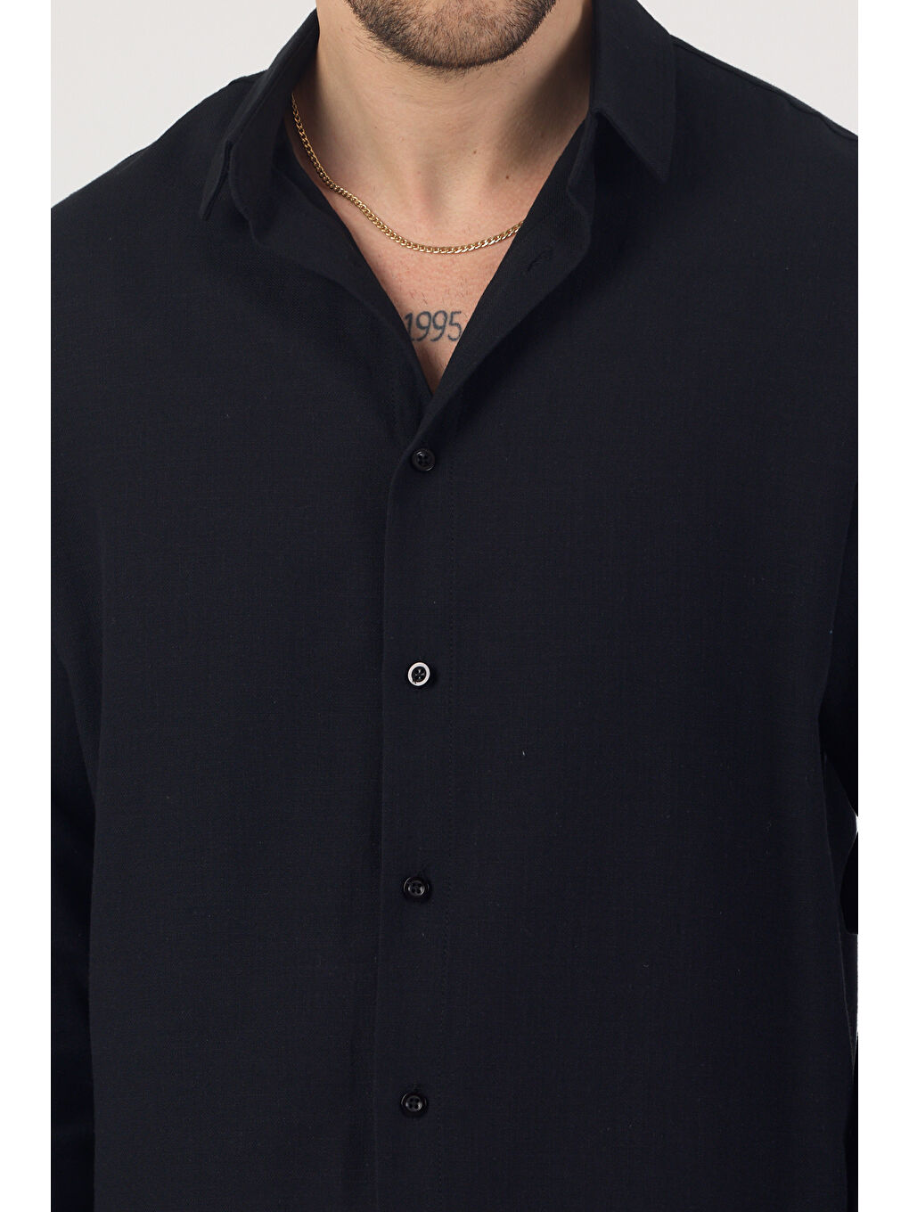 Erkek Pamuklu Keten Görünümlü Gömlek Siyah-5