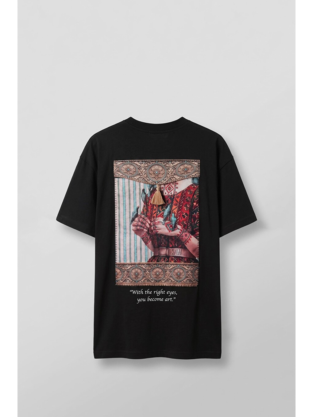 Erkek Oversize Oryantal 3D Sırt Baskılı T-Shirt Siyah-1