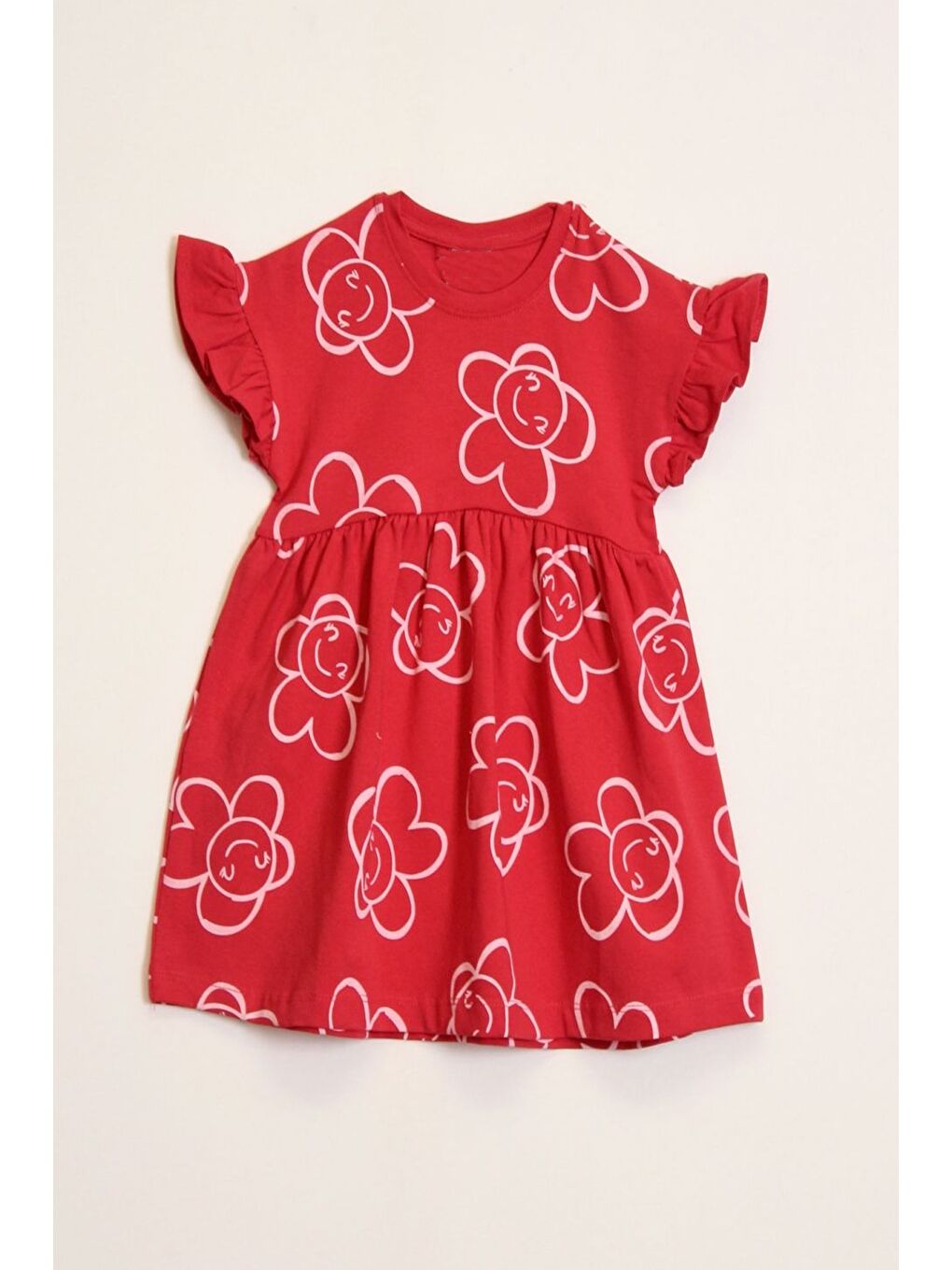 Kırmızı Kız Çocuk %100 Pamuk Kol Fırfırlı Elbise 4-10 Yaş 12241-2