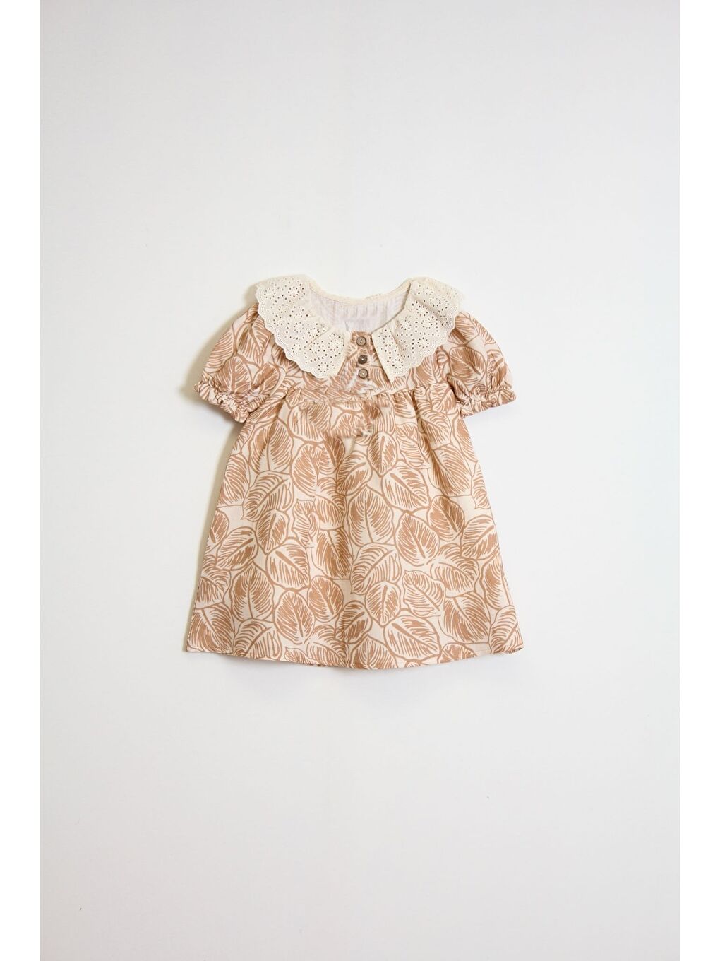 Kahverengi Kız Çocuk Müslin Kumaş Dantel Yakalı Elbise 2-7 Yaş 12245-3