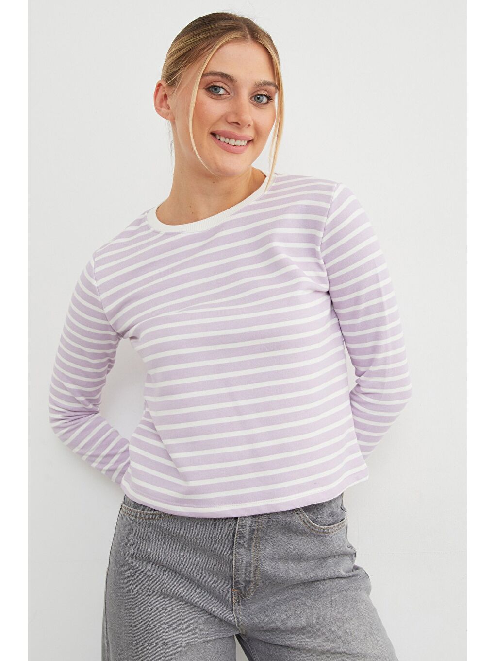 Lila 3 İplik Şardonsuz Çizgili Bisiklet Yaka Sweatshirt-3