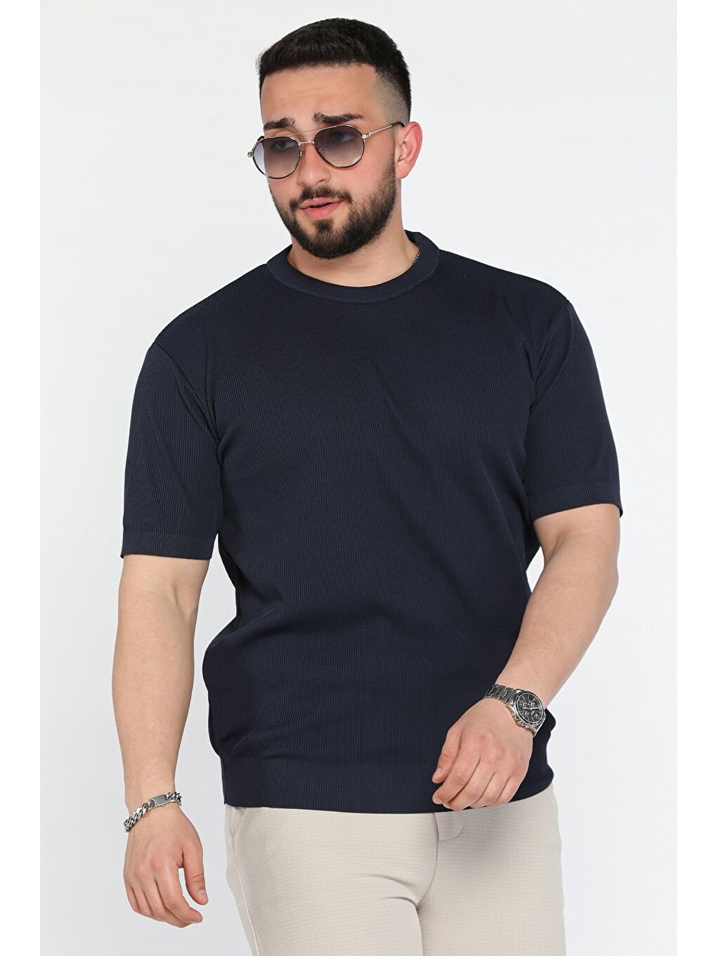 Lacivert Erkek Bisiklet Yaka Fitilli Tişört-1