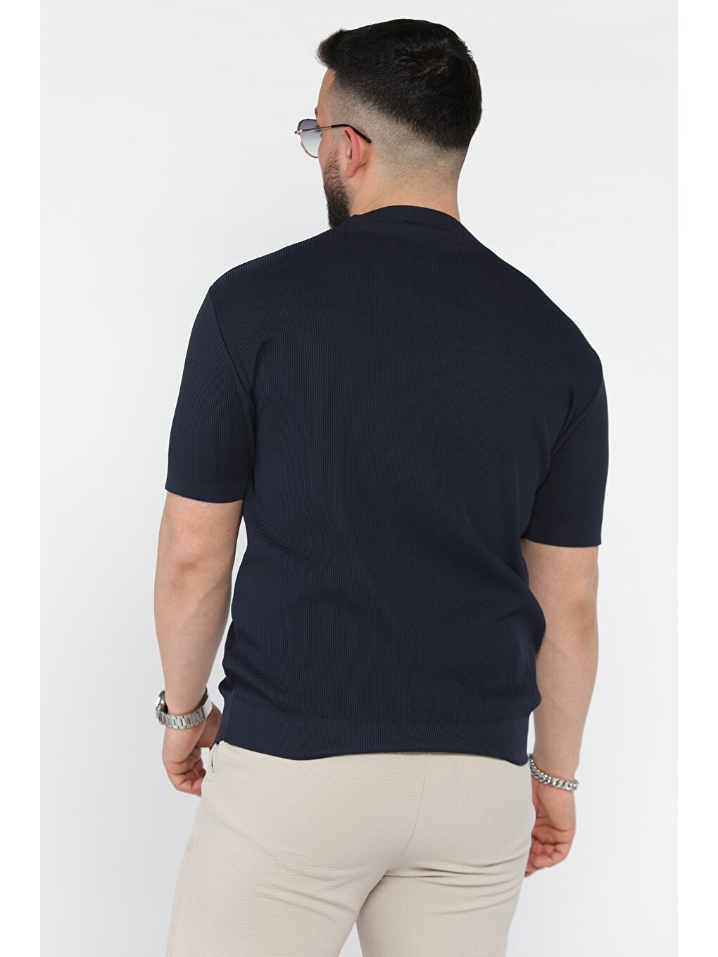 Lacivert Erkek Bisiklet Yaka Fitilli Tişört-2