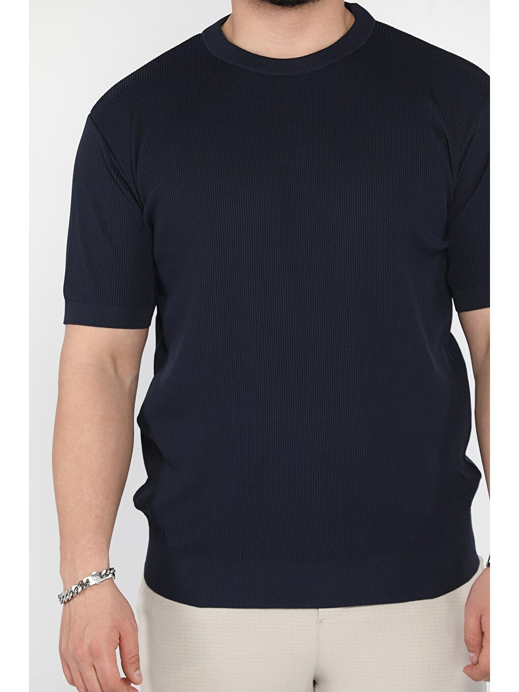 Lacivert Erkek Bisiklet Yaka Fitilli Tişört-3