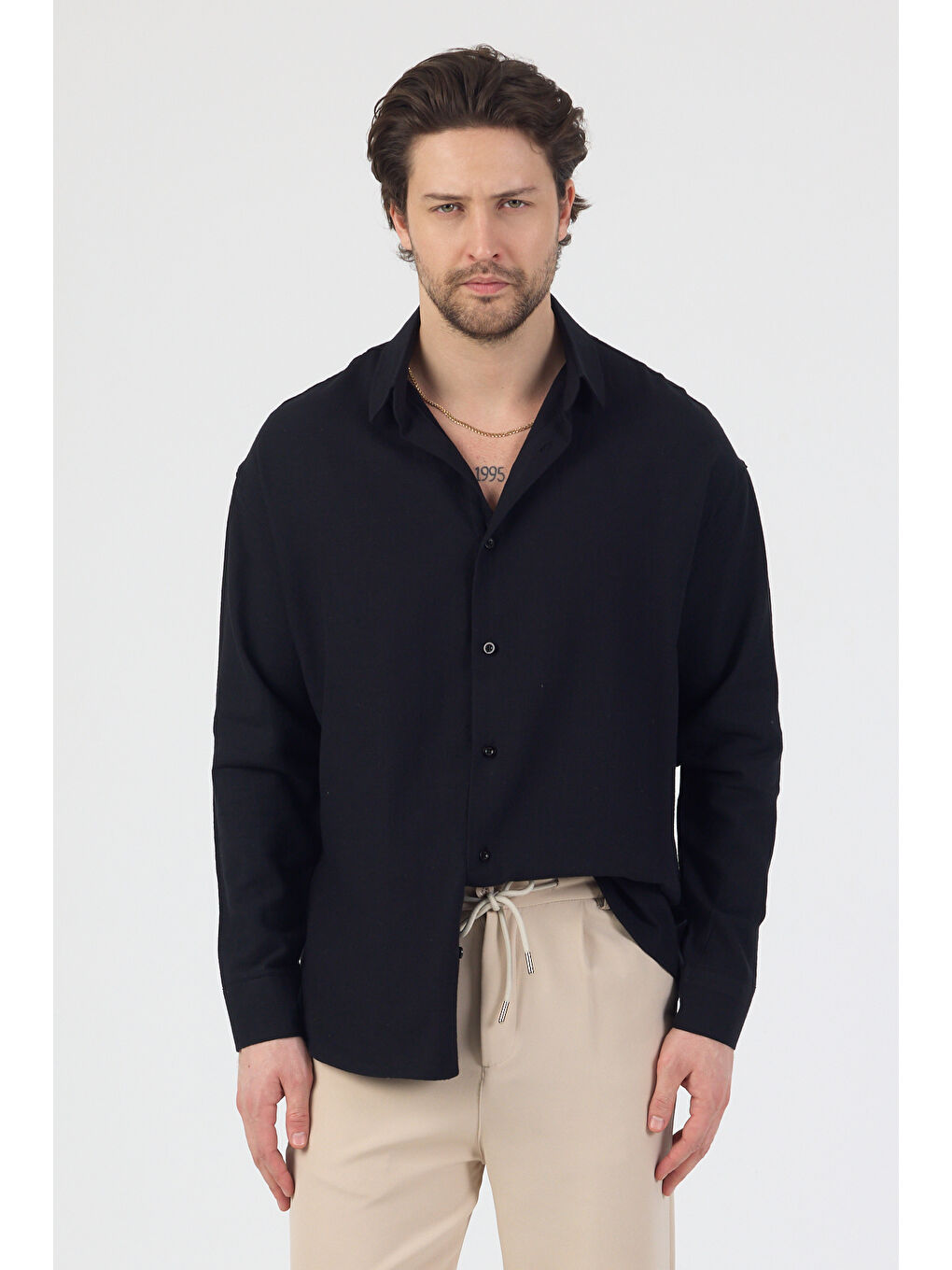 Erkek Pamuklu Keten Görünümlü Gömlek Siyah-6