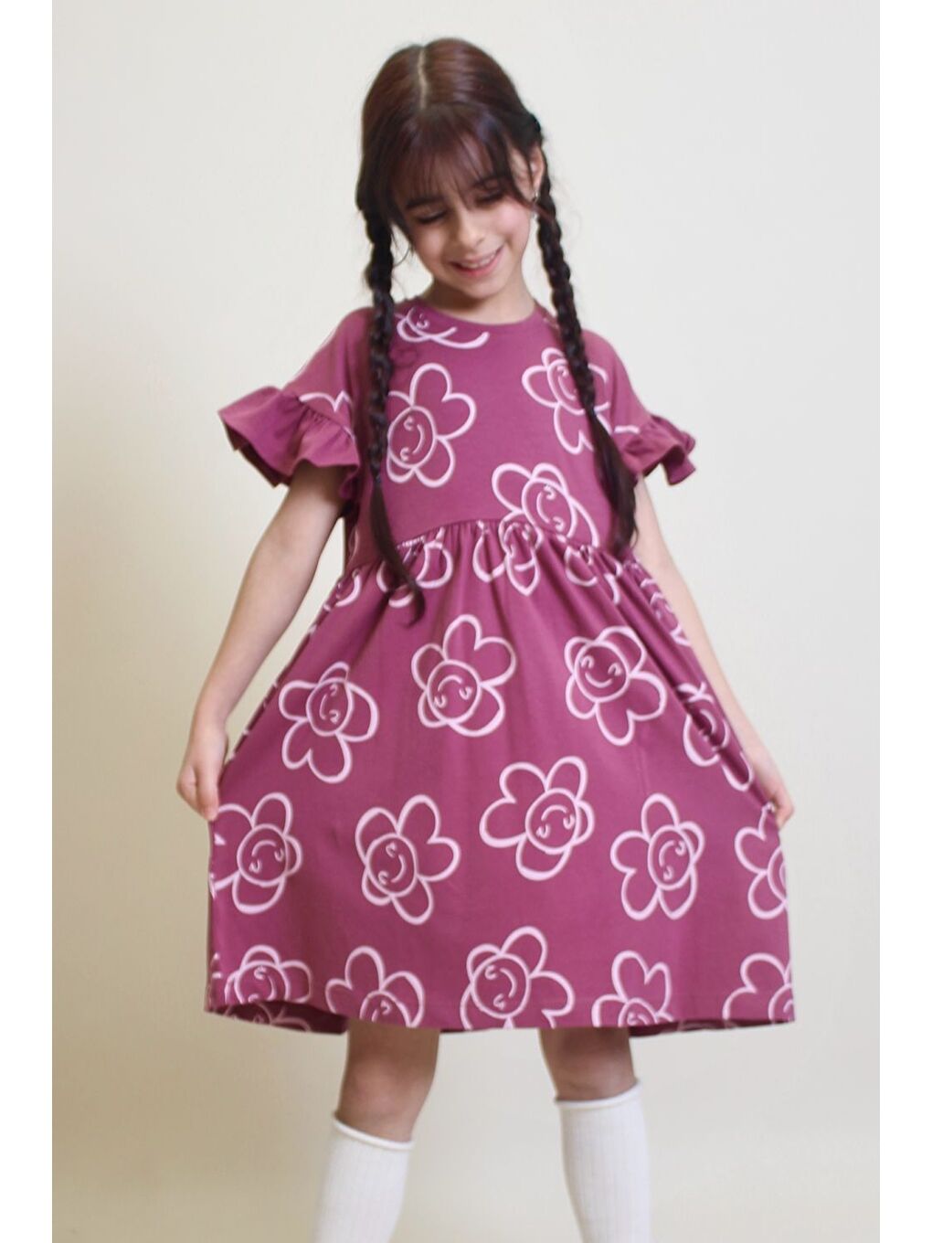 Mor Kız Çocuk %100 Pamuk Kol Fırfırlı Elbise 4-10 Yaş 12241-1