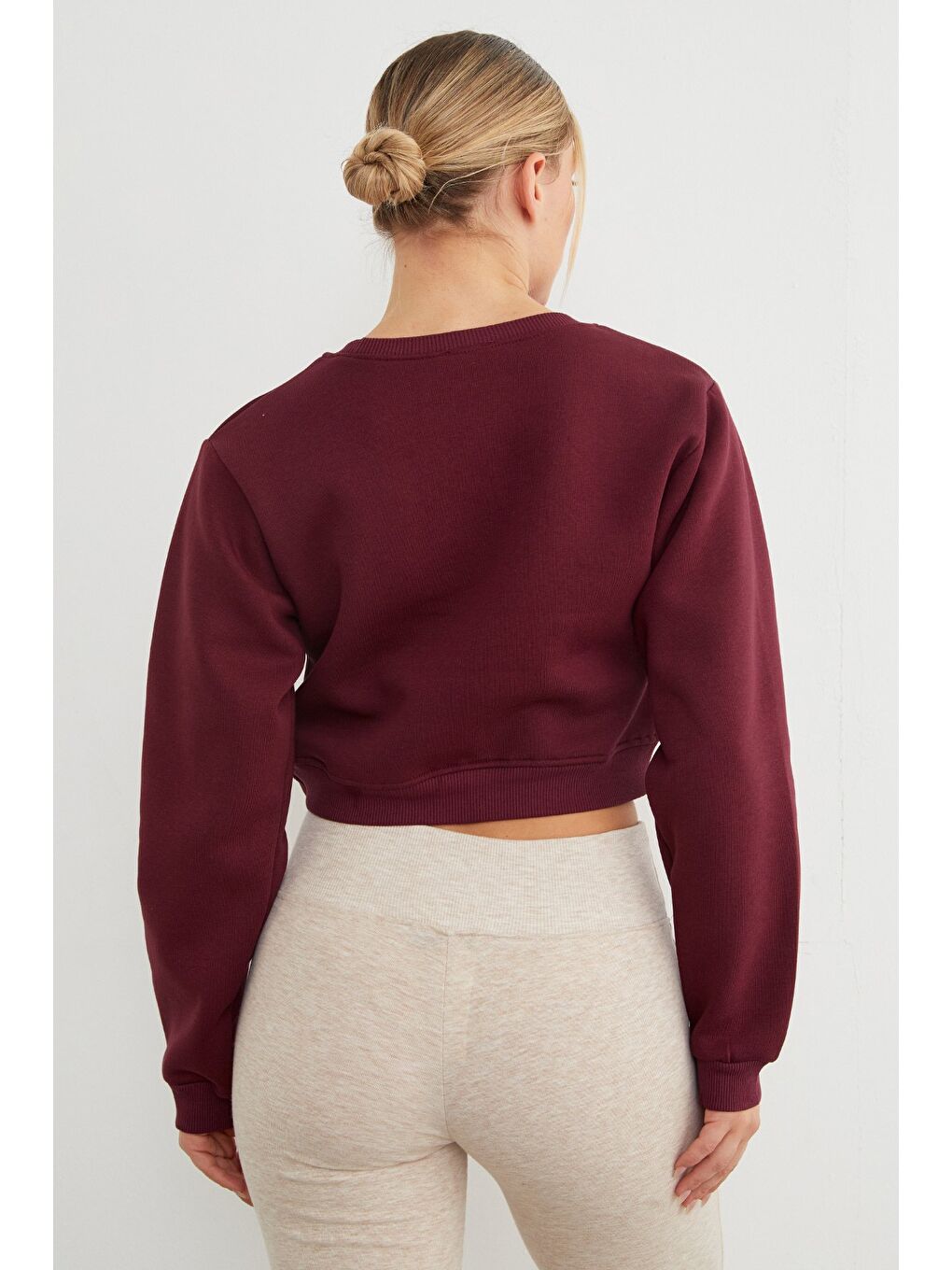 Bordo 3 İplik California Yazı Baskılı Crop Sweatshirt-4