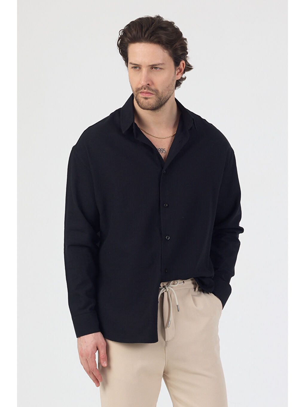 Erkek Pamuklu Keten Görünümlü Gömlek Siyah-7