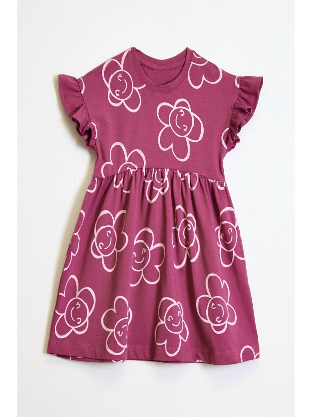 Mor Kız Çocuk %100 Pamuk Kol Fırfırlı Elbise 4-10 Yaş 12241-2