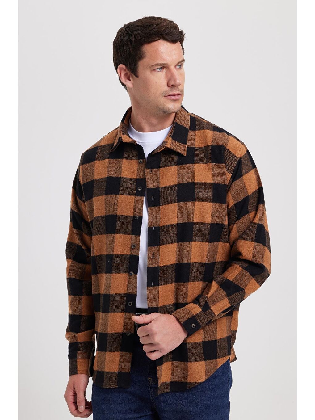 Kahverengi Erkek Relax Fit Rahat Kesim Kışlık Kareli Oduncu Gömlek