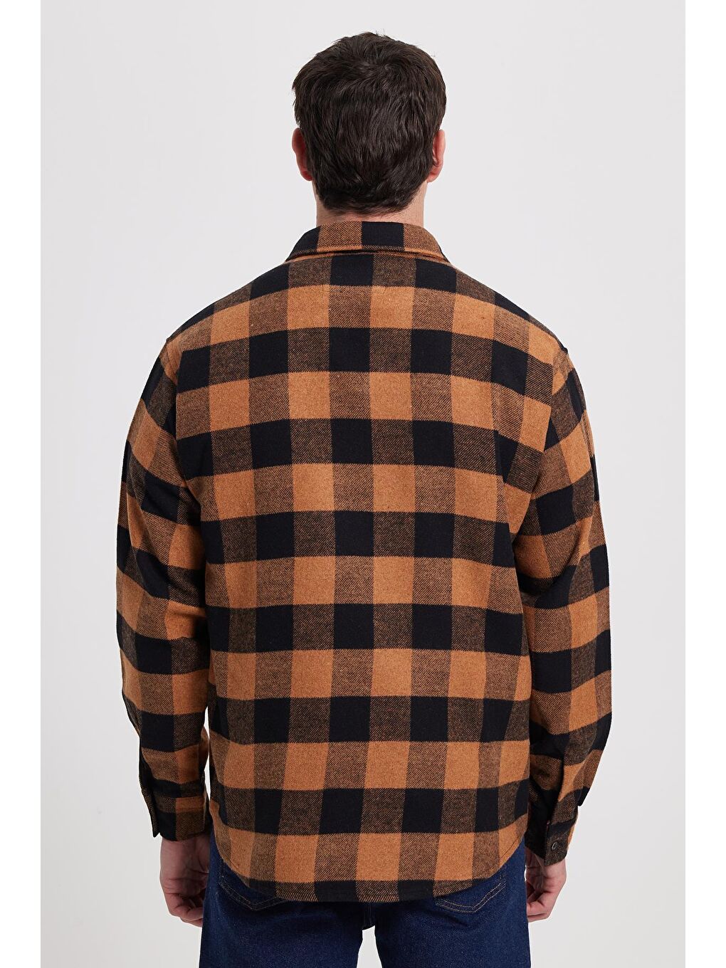 Kahverengi Erkek Relax Fit Rahat Kesim Kışlık Kareli Oduncu Gömlek-5