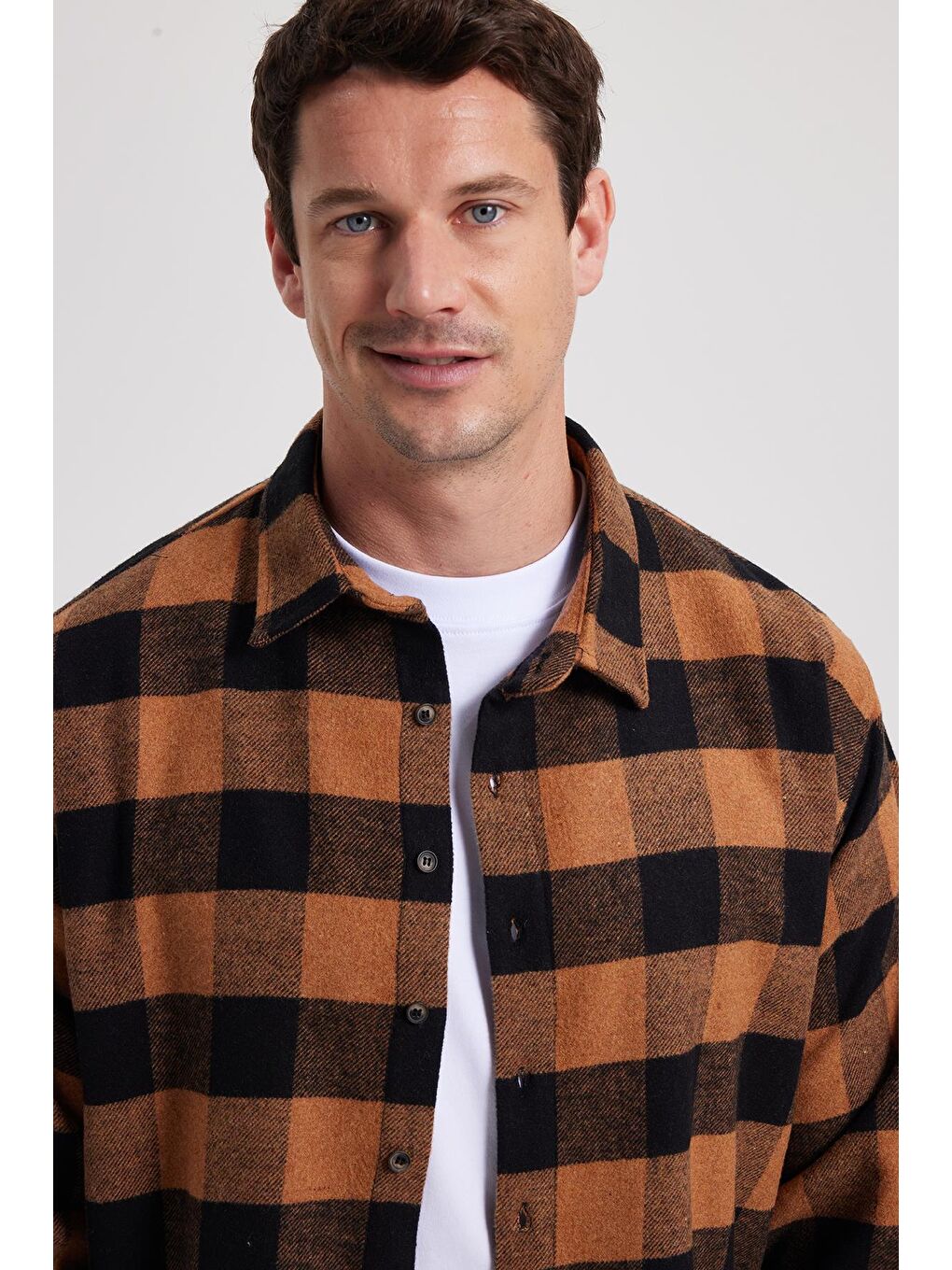 Kahverengi Erkek Relax Fit Rahat Kesim Kışlık Kareli Oduncu Gömlek-6