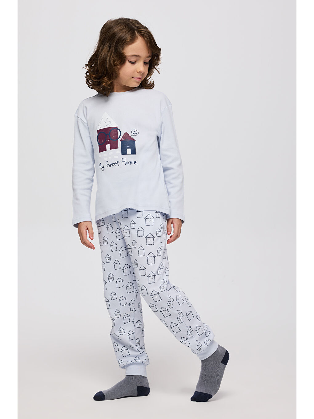 Erkek Çocuk Ev Desenli Pijama Takımı Mavi