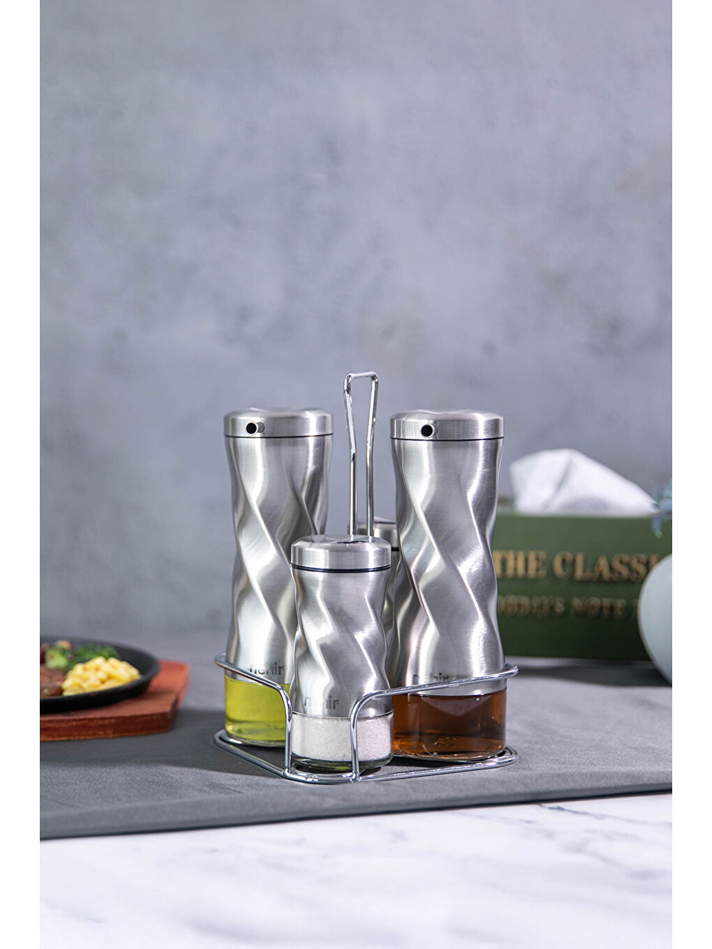 Gri Burgulu Standlı 4 Parça Paslanmaz Çelik Yağdanlık ve Baharatlık Seti-1