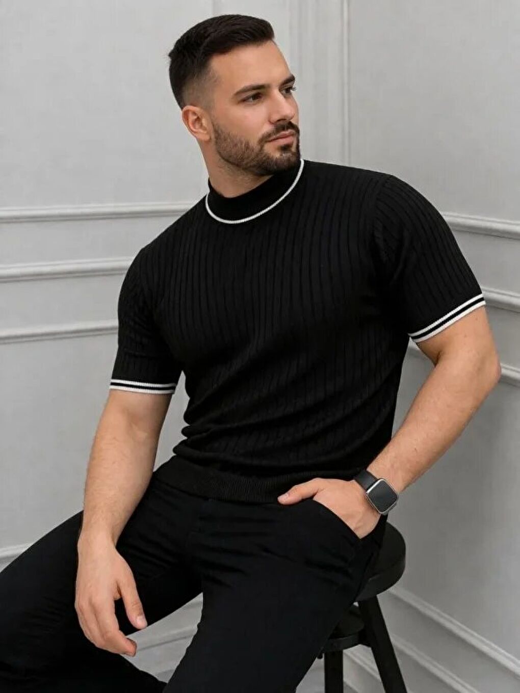 Siyah Erkek Fitilli Triko Dokuma Kısa Kol Tişört