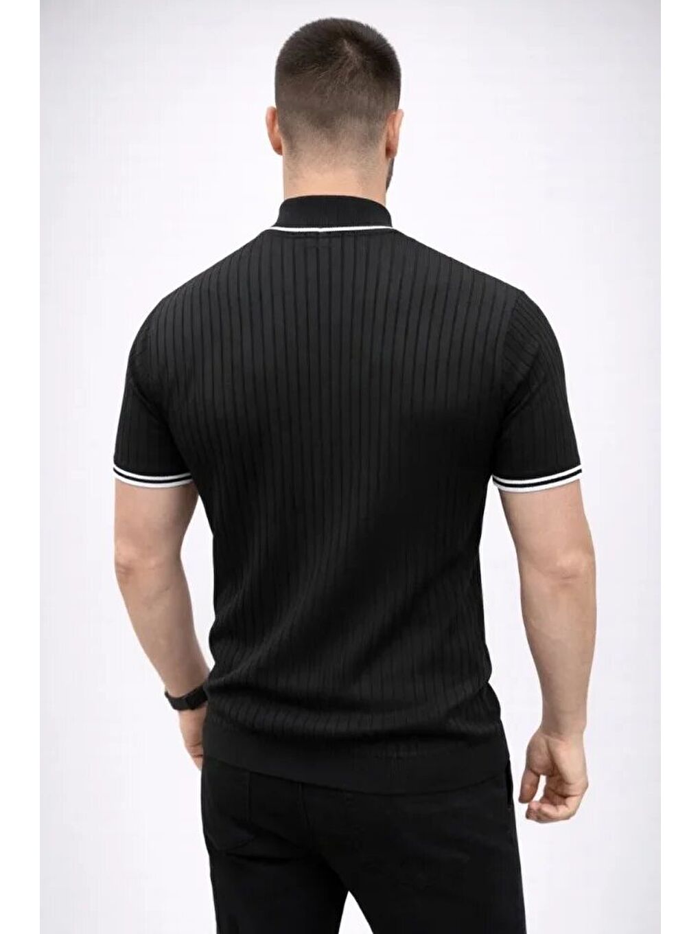 Siyah Erkek Fitilli Triko Dokuma Kısa Kol Tişört-1