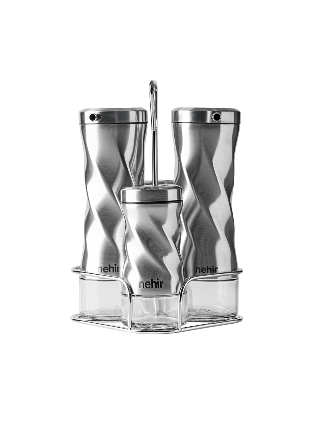 Gri Burgulu Standlı 4 Parça Paslanmaz Çelik Yağdanlık ve Baharatlık Seti-4