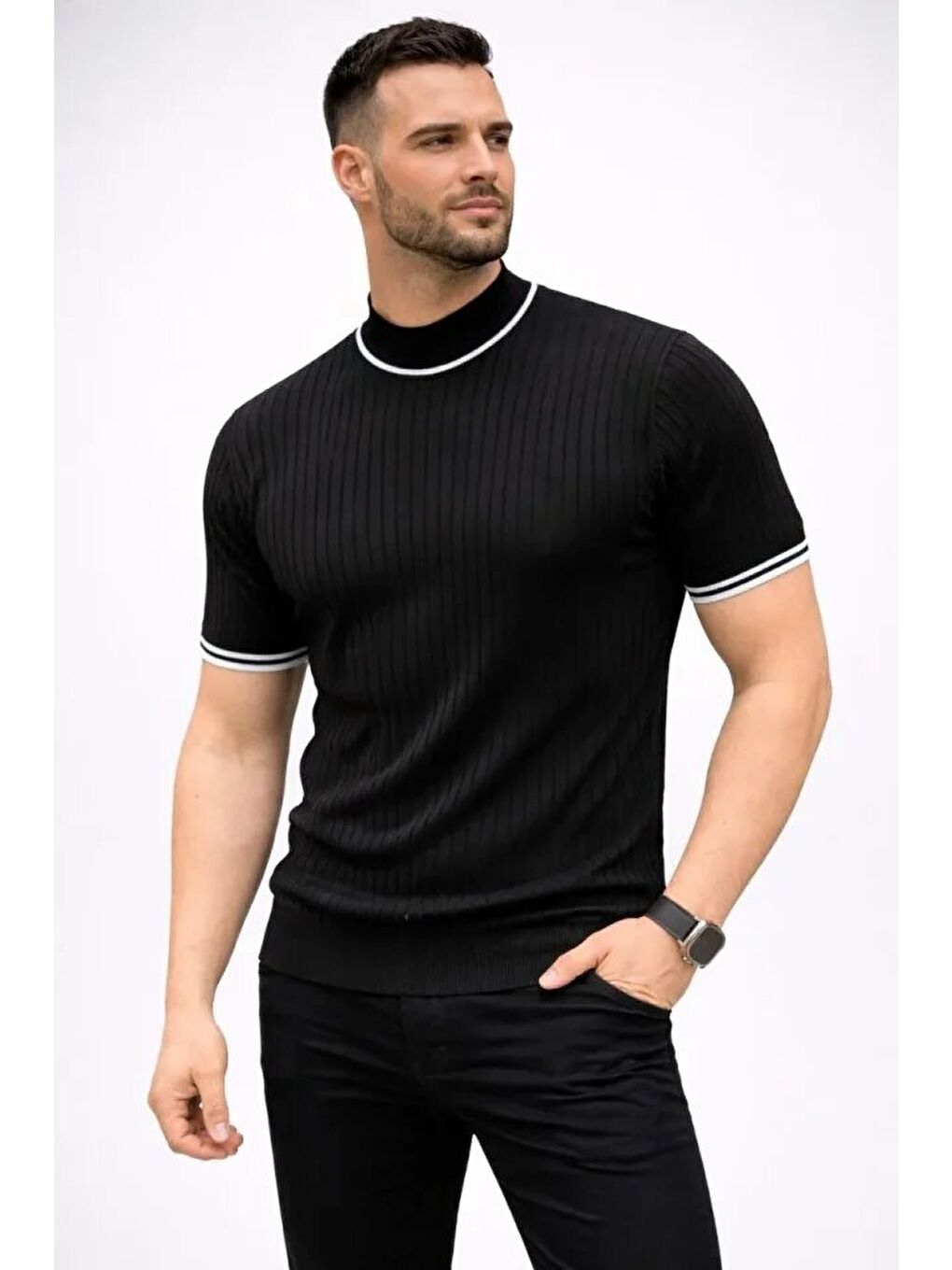 Siyah Erkek Fitilli Triko Dokuma Kısa Kol Tişört-2