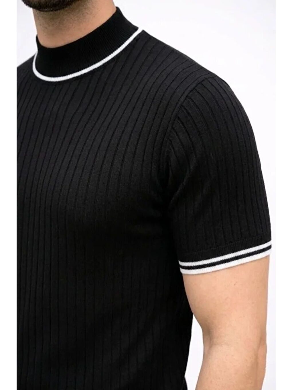 Siyah Erkek Fitilli Triko Dokuma Kısa Kol Tişört-3