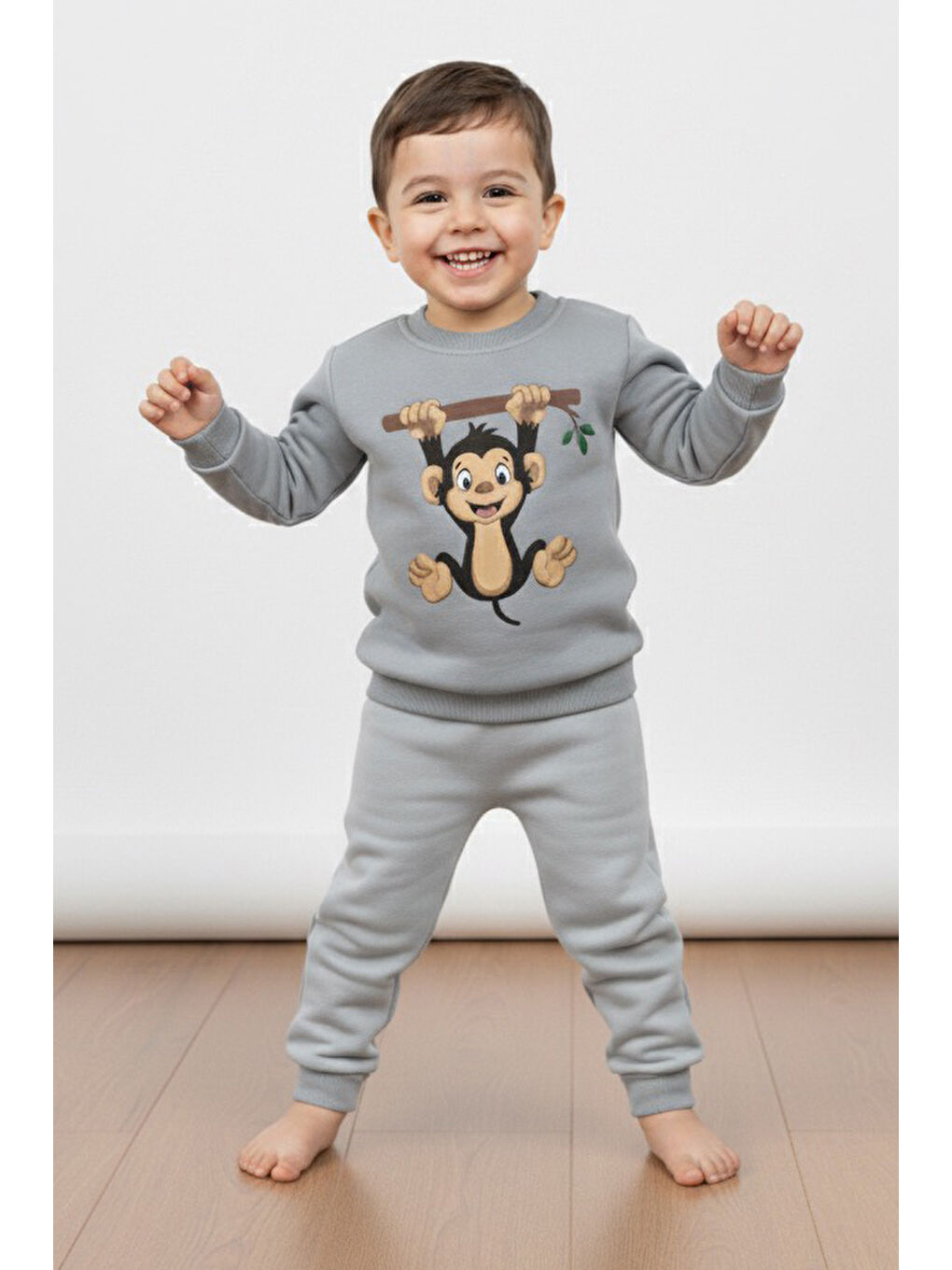 Erkek Çocuk Gri Baskılı Üç İplik Şardonlu Takım - 27965-GRI