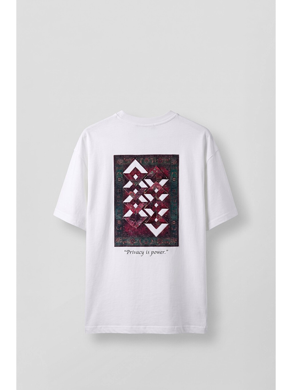 Erkek Oversize Kilim Desenli 3D Sırt Baskılı T-Shirt Beyaz-1