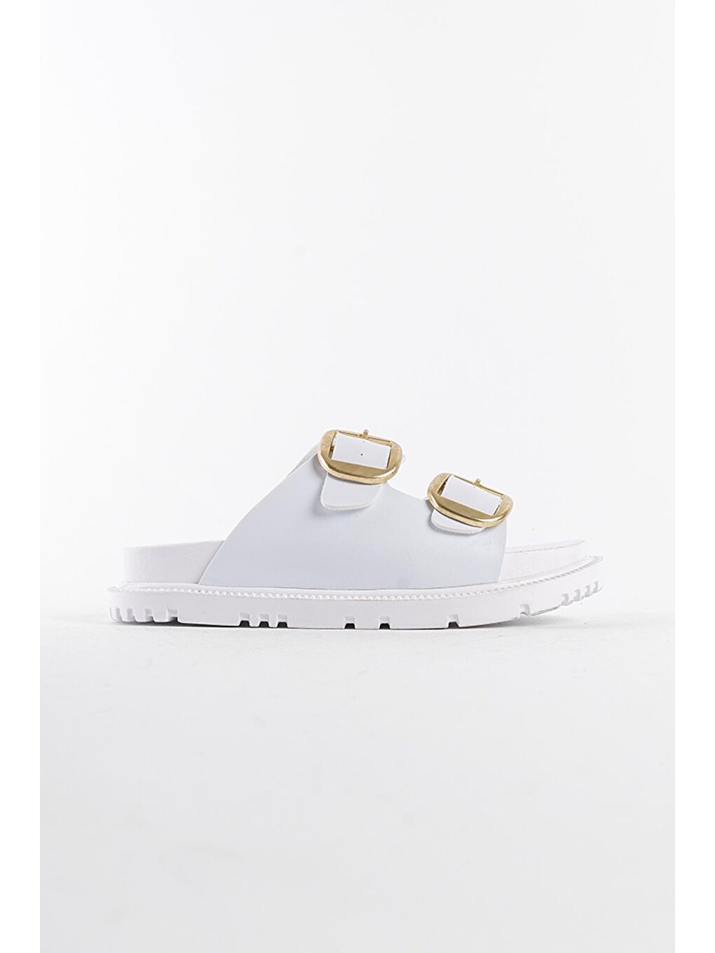 Beyaz Yuvarlak Burunlu Tokalı Kadın Terlik-1