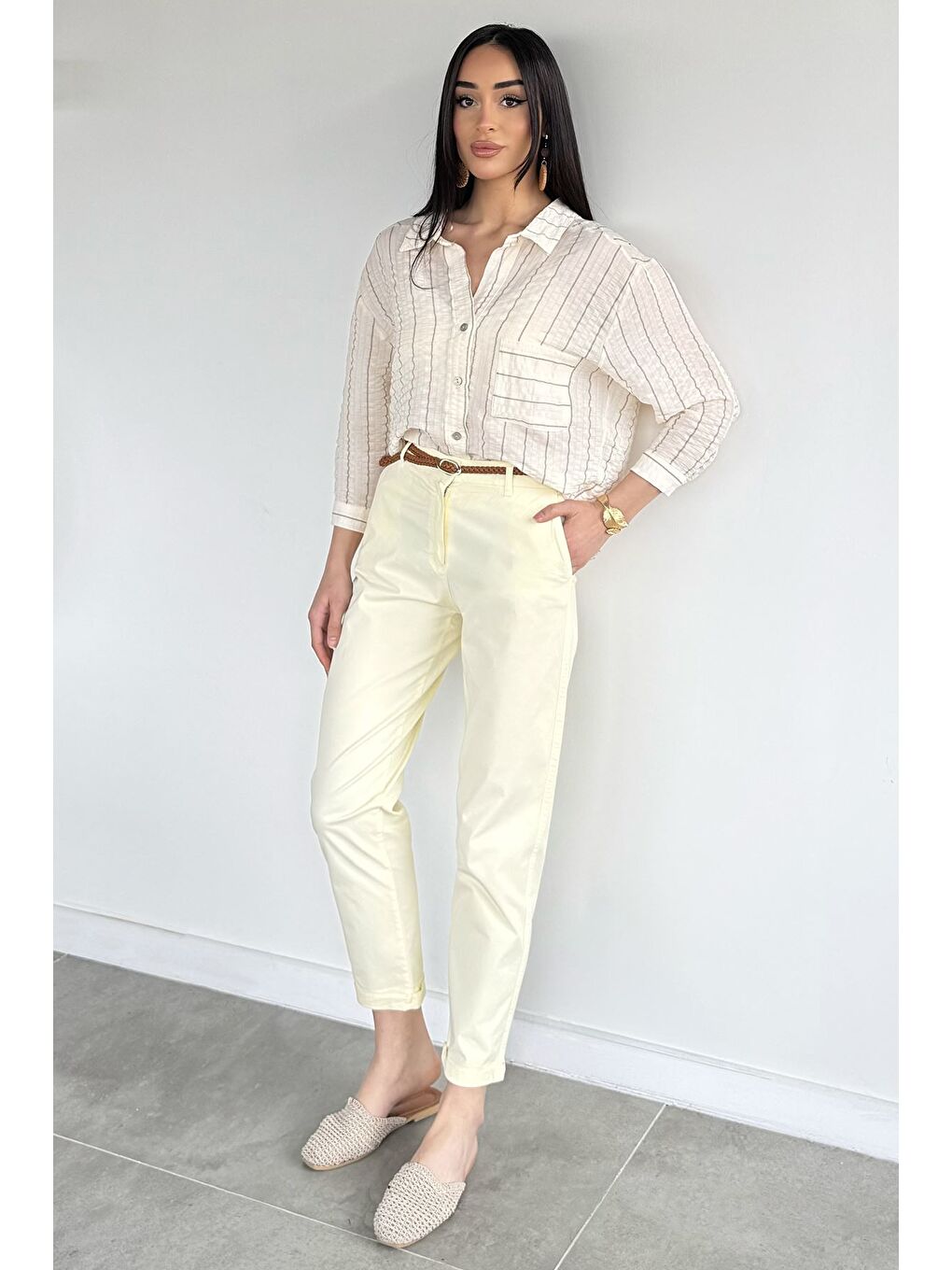 Sarı Perry Kemerli Kadın Pantolon