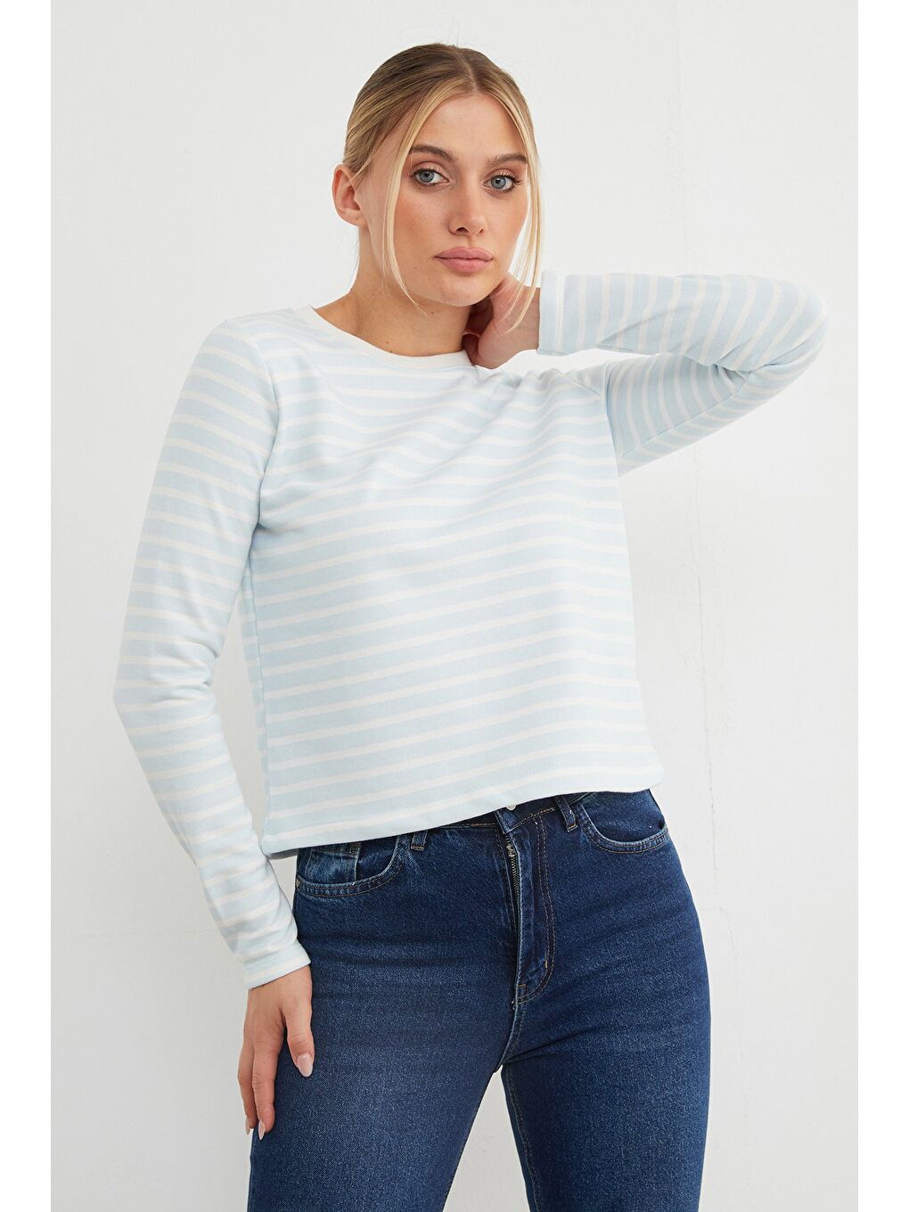 Mavi 3 İplik Şardonsuz Çizgili Bisiklet Yaka Sweatshirt-1