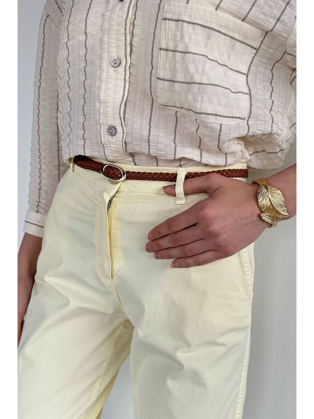 Sarı Perry Kemerli Kadın Pantolon-4