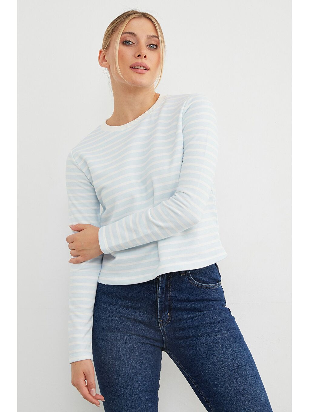 Mavi 3 İplik Şardonsuz Çizgili Bisiklet Yaka Sweatshirt-3