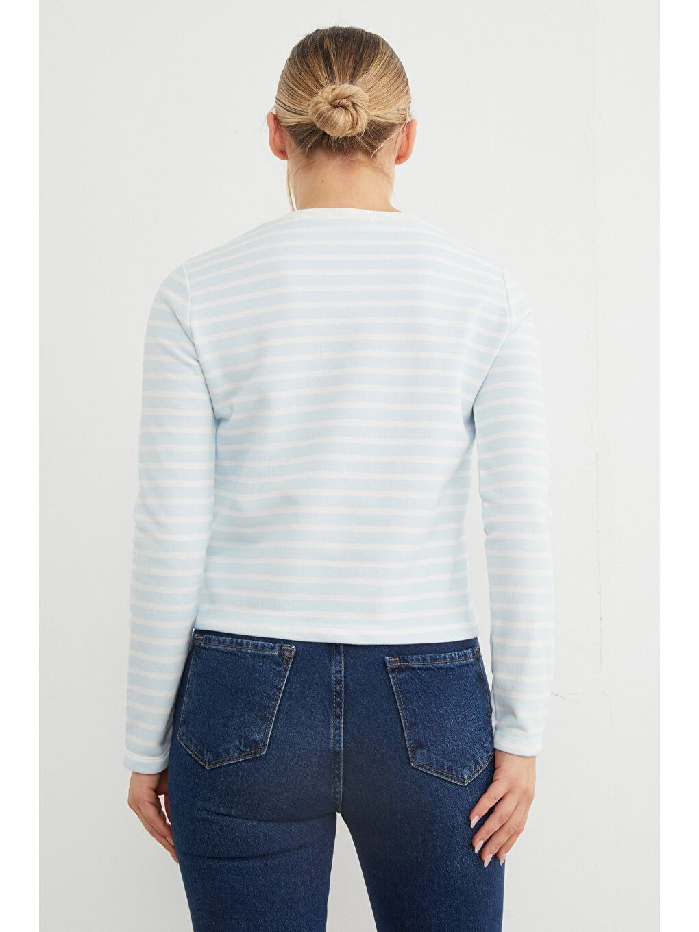 Mavi 3 İplik Şardonsuz Çizgili Bisiklet Yaka Sweatshirt-4