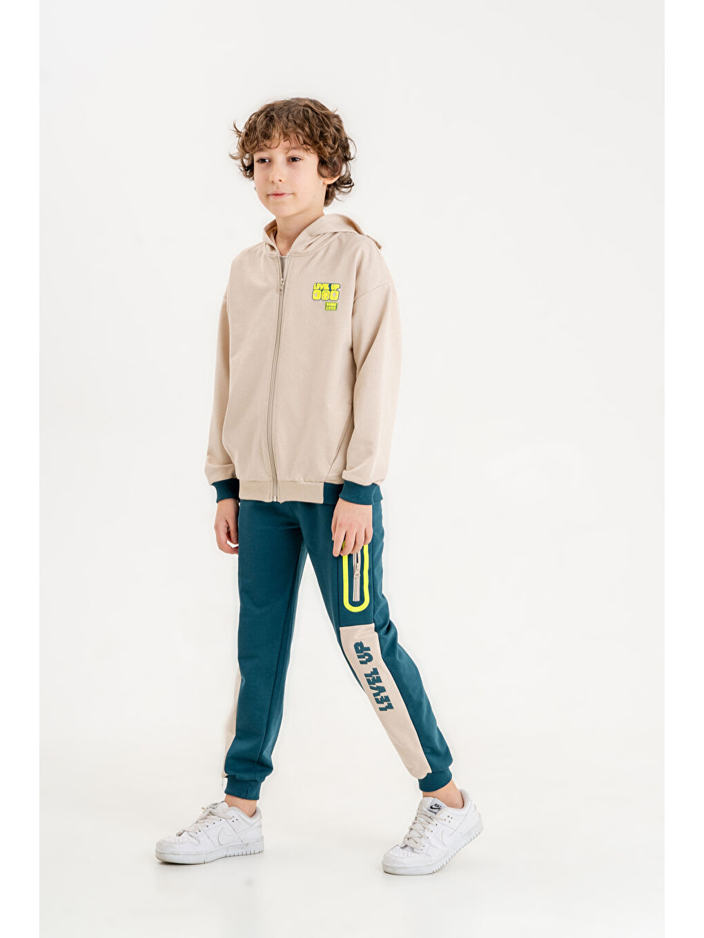 Mışıl Kids Açık Bej Baskılı Erkek Çocuk Sweatshirt Alt-Üst Eşofman Takımı - 1