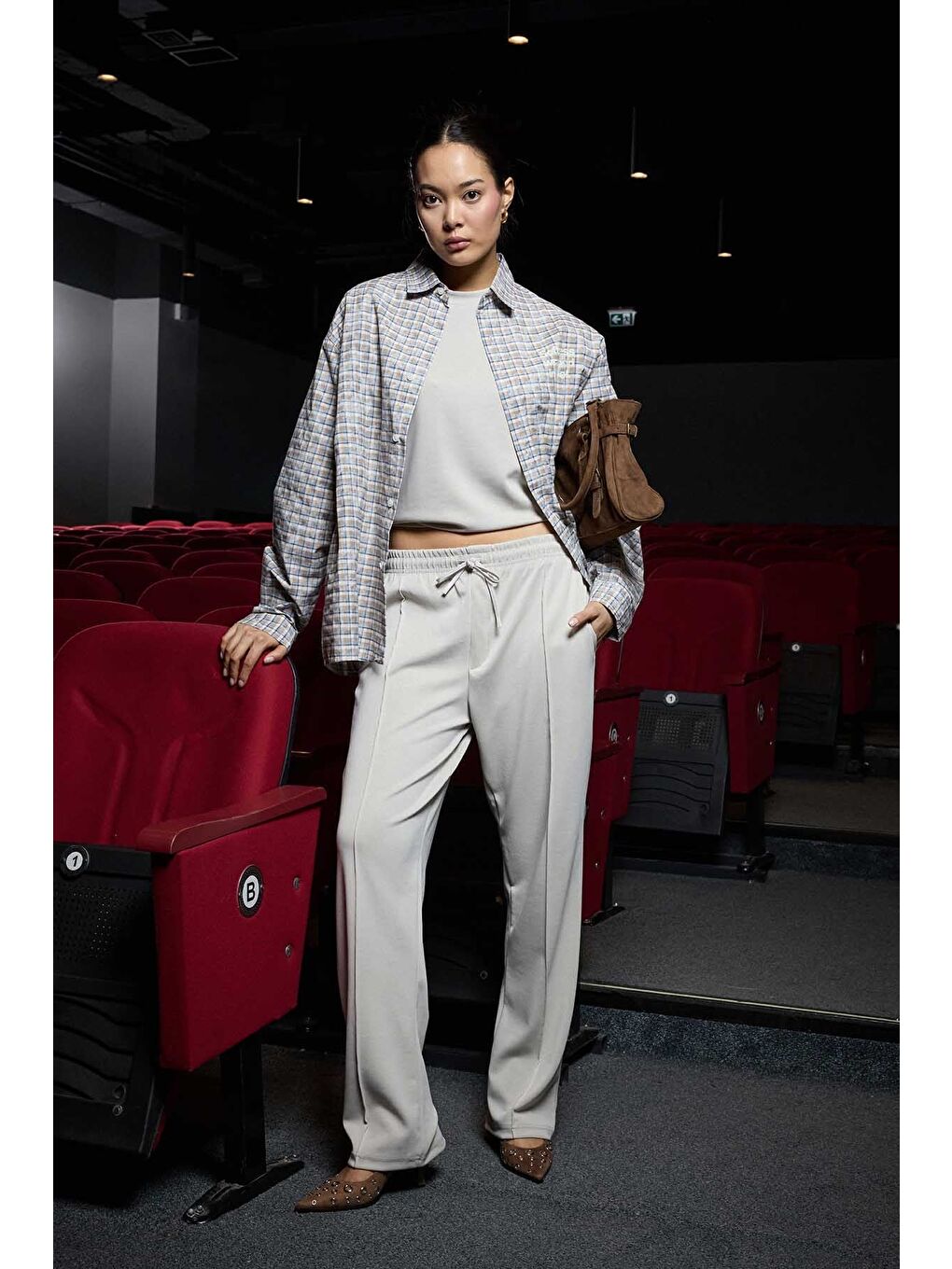 Erkek Boxy Fit Ekose Uzun Kollu Gömlek Bej-2