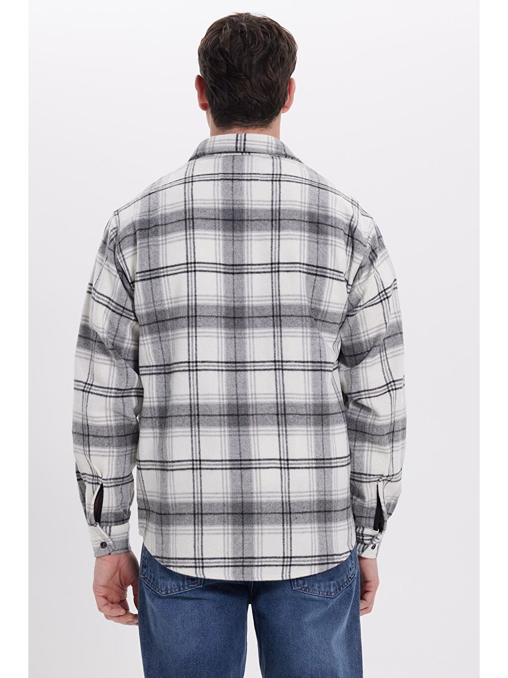 Gri Erkek Relax Fit Rahat Kesim Kışlık Kareli Oduncu Gömlek-5