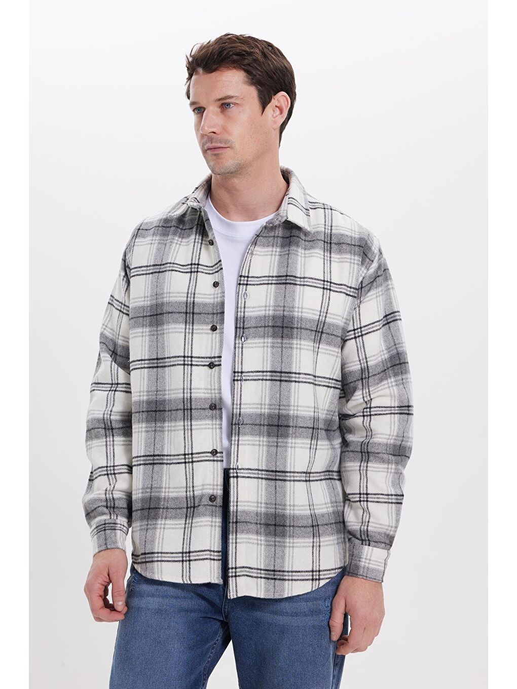 Gri Erkek Relax Fit Rahat Kesim Kışlık Kareli Oduncu Gömlek-6
