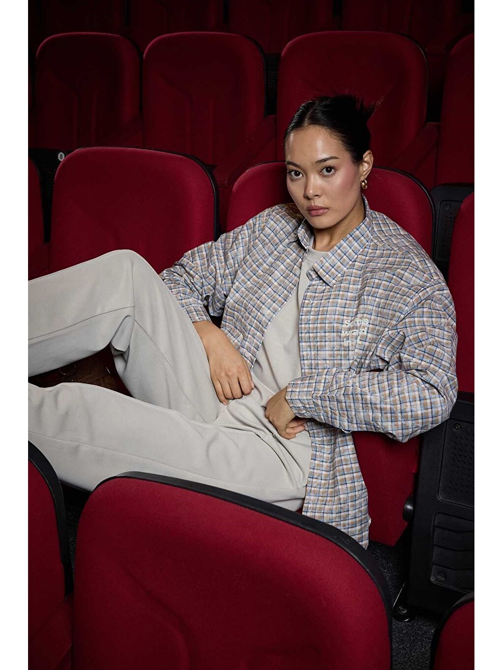 Erkek Boxy Fit Ekose Uzun Kollu Gömlek Bej-4