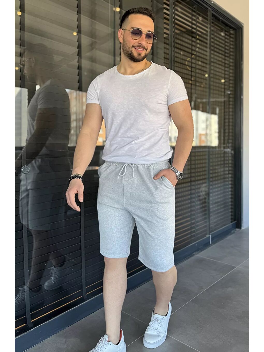 Gri Bel Bağcıklı Erkek Şort-1