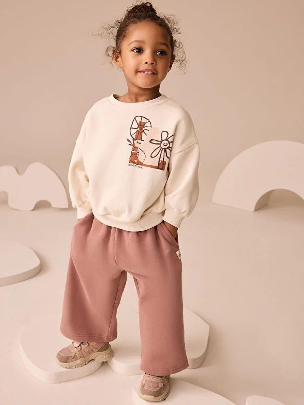 Karışık Kız Çocuk Pamuklu Ekru Baskılı Sweatshirt Ve Gül Kurusu Eşofman Takım - Rahat Kalıp