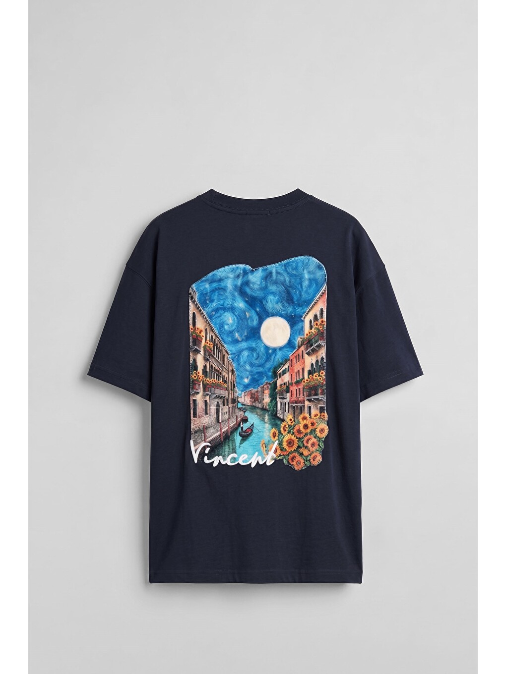Erkek Oversize Venedik 3d Sırt Baskılı T-shirt Lacivert-1