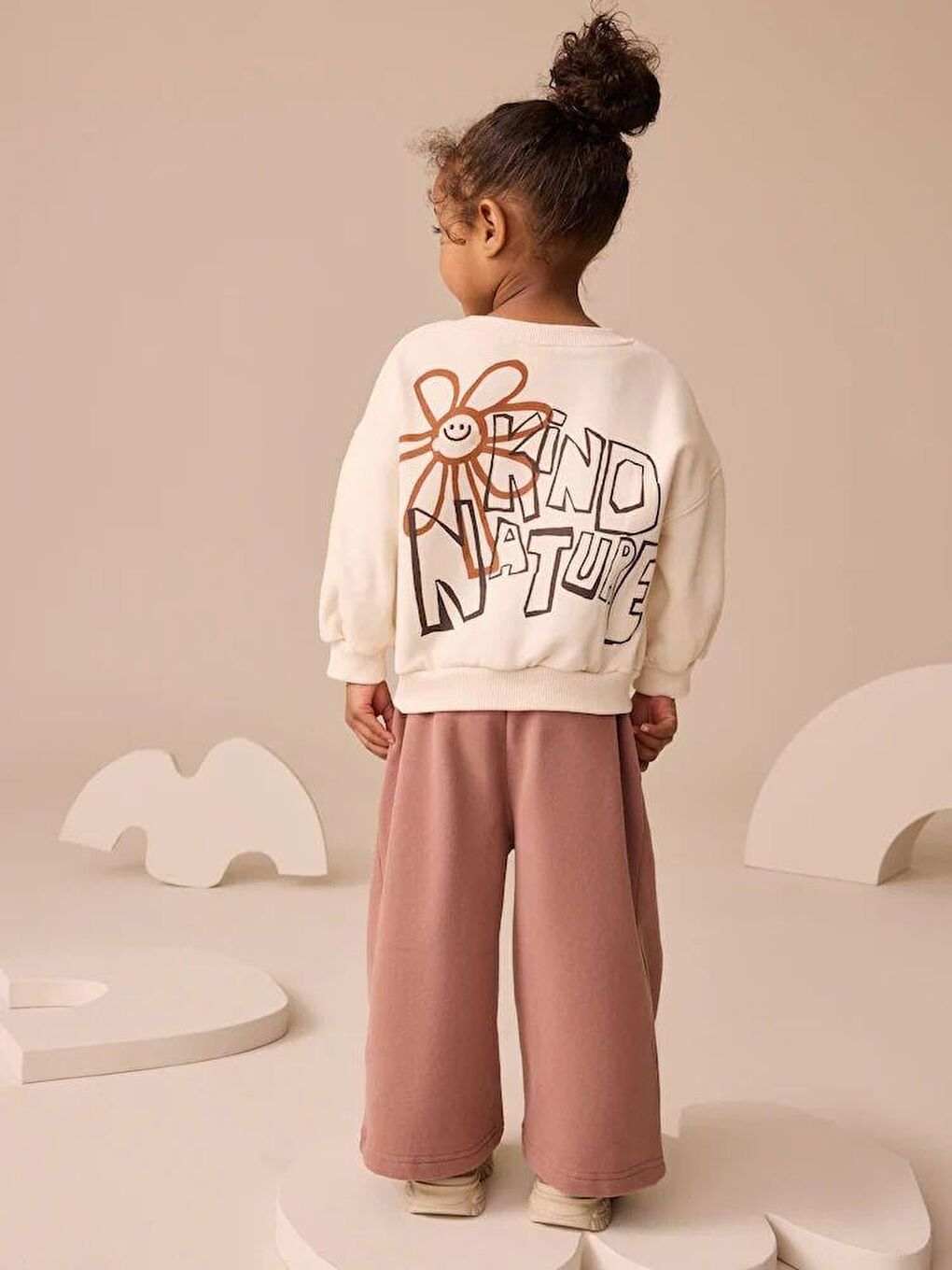 Karışık Kız Çocuk Pamuklu Ekru Baskılı Sweatshirt Ve Gül Kurusu Eşofman Takım - Rahat Kalıp-1