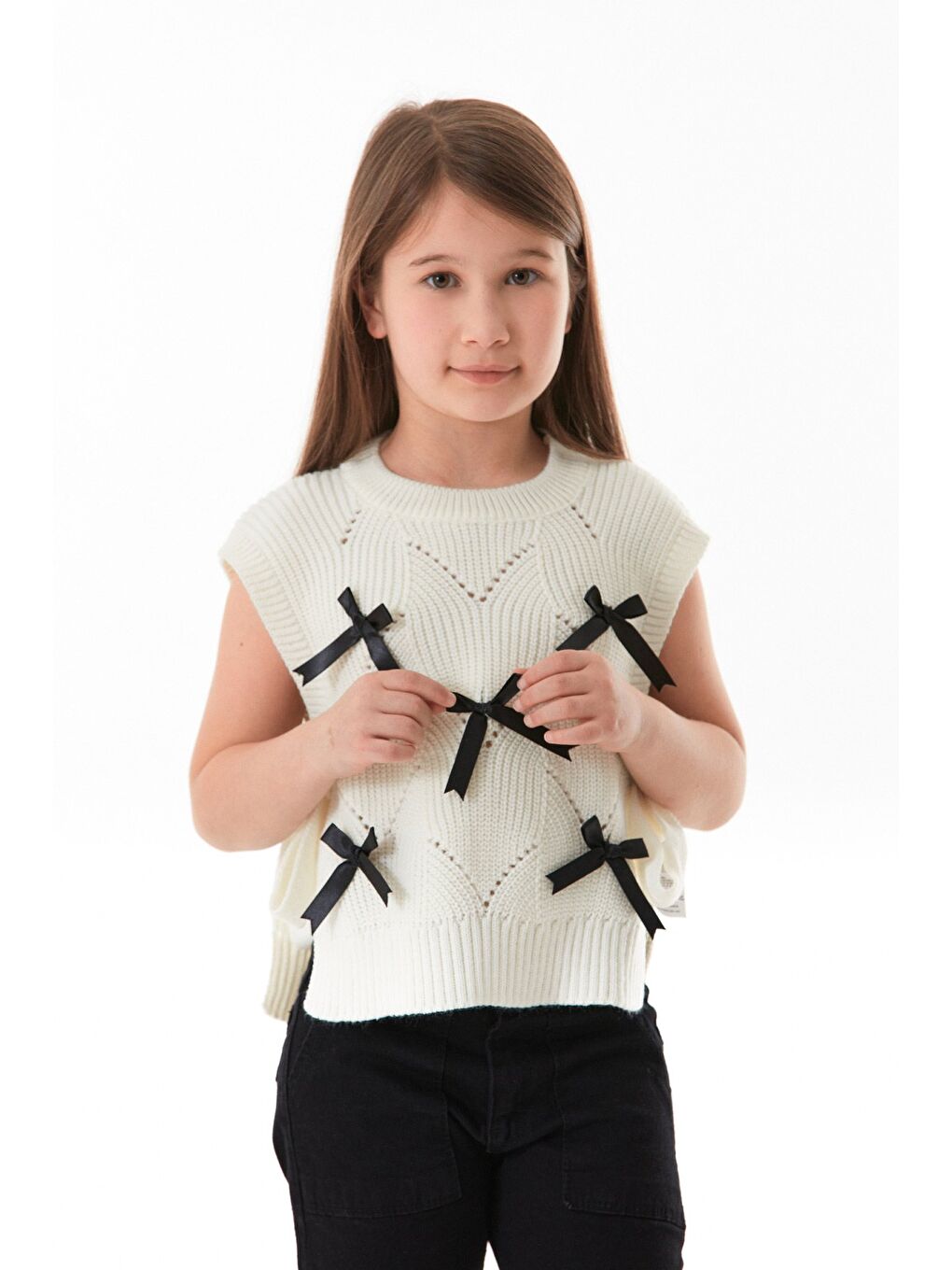 Ekru Fiyonklu Yanları Bağlamalı Kız Çocuk Triko Süveter-2