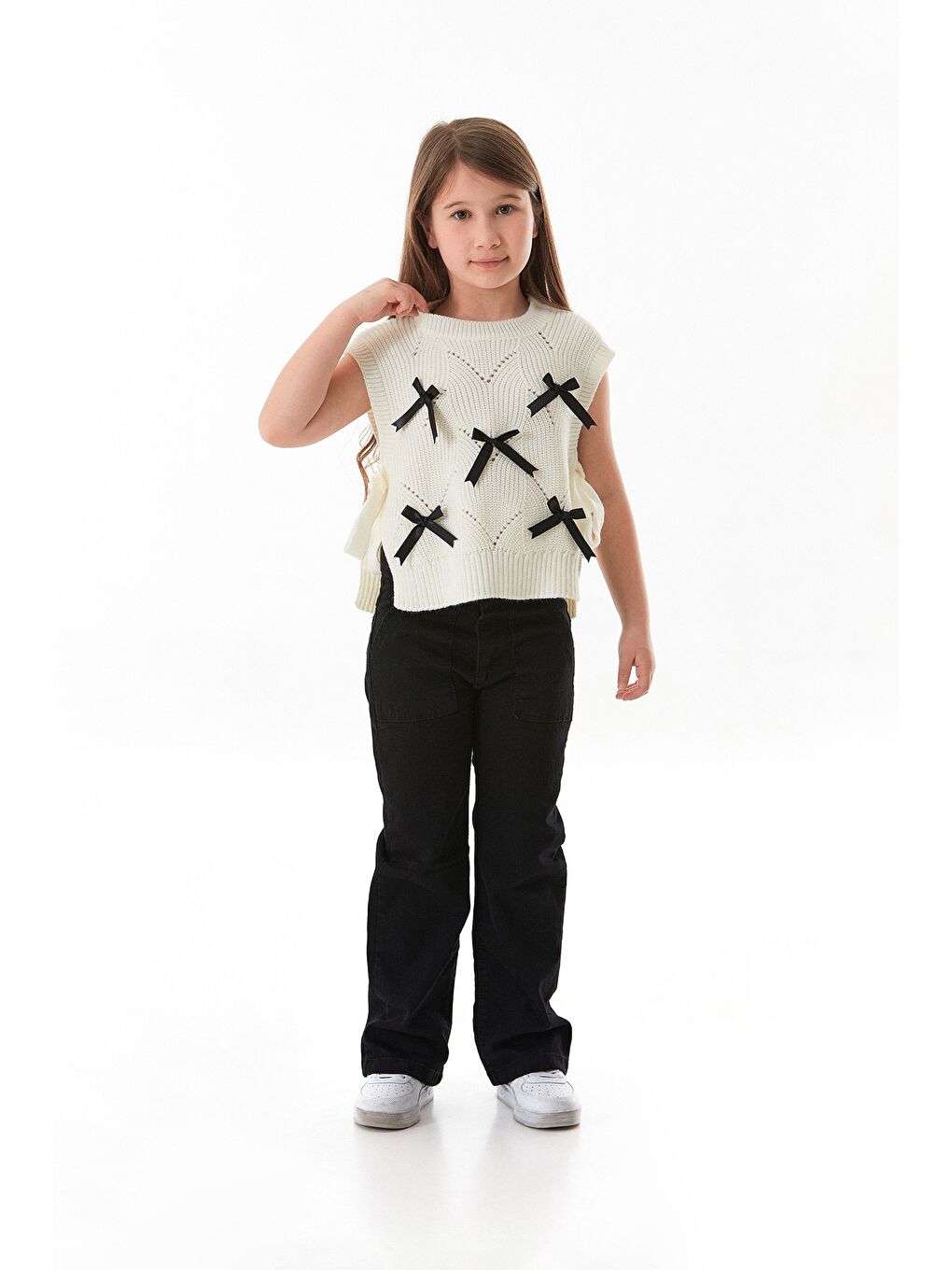 Ekru Fiyonklu Yanları Bağlamalı Kız Çocuk Triko Süveter-3
